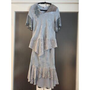 Vintage Spencer Alexis 2 Piece Set Blue Lace Silk Rayon Skirt Top USA Fits S/M